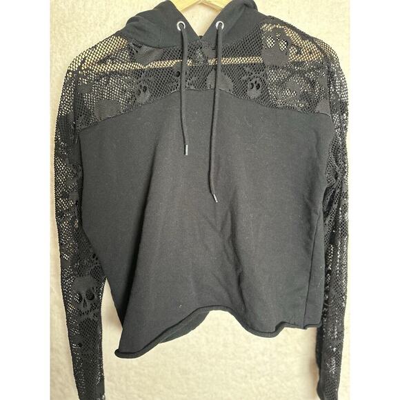HOT TOPIC Skull & Crossbones Mesh Crop Hoodie Womens Sz M Gothic Y2K Streetwear - Picture 3 of 9